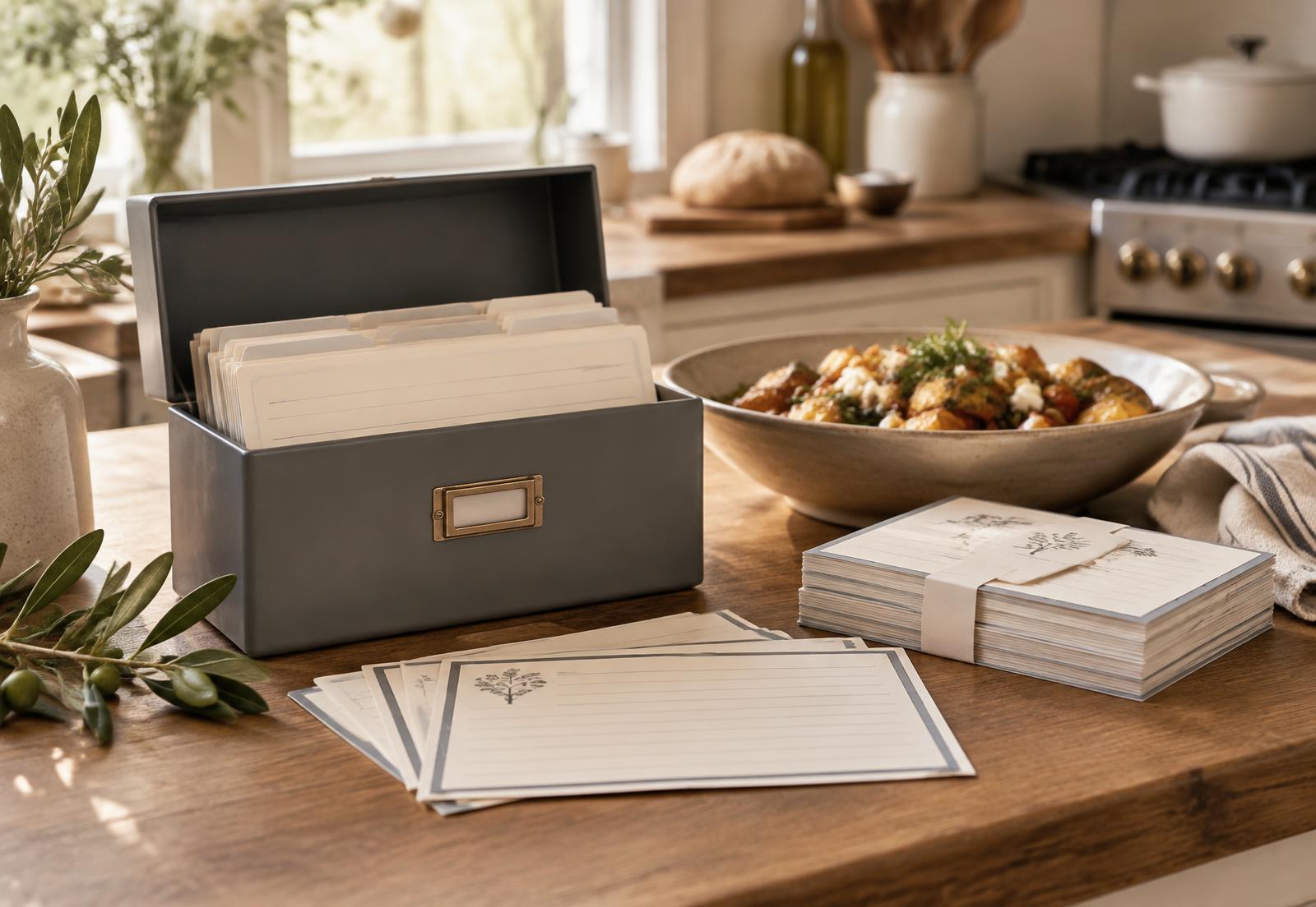 Slate gray recipe box with 4x6 recipe cards in a warm kitchen